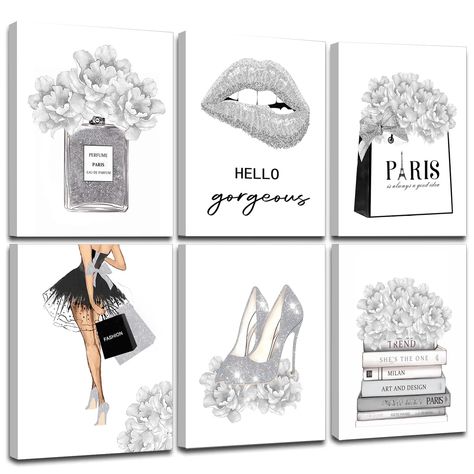 PRICES MAY VARY. 【Glam Gray Fashion Wall Decor】Designed with floral perfume bottle, sexy lips, shiny silver high heels, fashion black skirt and trendy handbag & books. The simple, yet elegant silver fashion wall art gives an fashion feel and is easy to pair with other prints. You can decorate these makeup wall decor together or separately to add more special to your space. 【Frames Included】No additional frame required, our upgraded makeup room decor is already hand stretched over 0.59” thick woo Room Picture Wall, Floral Perfume Bottle, Wall Decor For Office, Picture Wall Decor, Bedroom Decor For Women, Glam Bedroom Decor, Girly Room Decor, Woman Makeup, Salon Wall Art