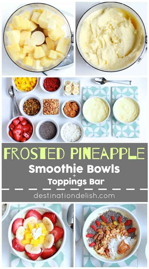 Frosted Pineapple Smoothie Bowls and Toppings Bar | Destination Delish - A fun and healthy take on the beloved Dole Whip soft serve with plenty of fruit and crunchy toppings. Smoothie Bowl Toppings, Bowl Recipes Easy, Toppings Bar, Acai Bowls Recipe, Smoothies Bowls, Açaí Bowls, Plats Healthy, Acai Bowls, Pineapple Smoothie