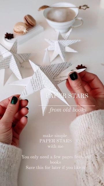 Erika 🇩🇪 on Instagram: "Have you ever tried making stars 🌟out of old books? My grandma used to tell me that when they were kids they rarely had paper to do crafts with. Christmas decorations were made from newspaper or old books .. These are lovely memories .. and simple ideas . #christmasstar #stern #basteln #papierstern #crafting #christmasdecor #christmasdiy #upcyclingideas #upcycling #recycling #weihnachtsdeko #jul #decorazioni #manual #lowbudget #noël #adventsbasteln #selbstgemacht #etoi Bookish Christmas, Upcycling Recycling, Newspaper Crafts Diy, Do Crafts, Snow Flakes Diy, Book Page Crafts, Wrap Ideas, Newspaper Crafts, Diy Garland