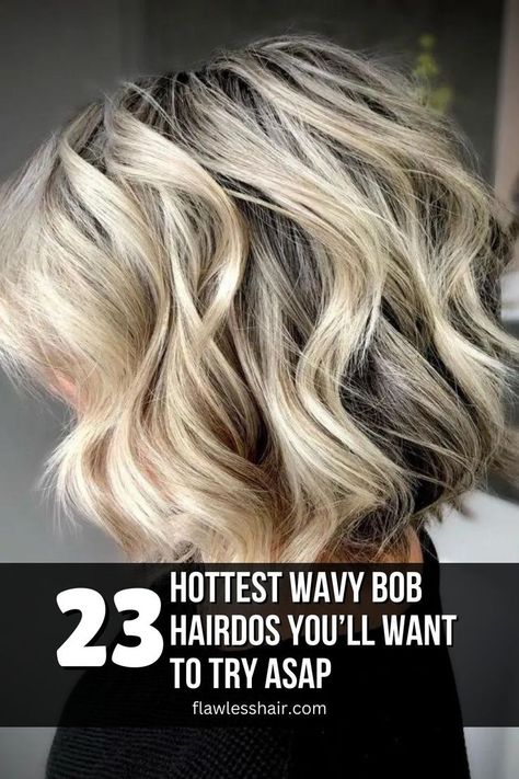 Layered Messy Bob For Wavy Hair Messy Wavy Bob, Bob Hairdos, Short Haircuts Wavy Hair, Wave Bob Hairstyles, White And Grey Hair, Shorter Layered Haircuts, Wavy Bob Haircut, Medium Wavy Bob, Volume Haircut