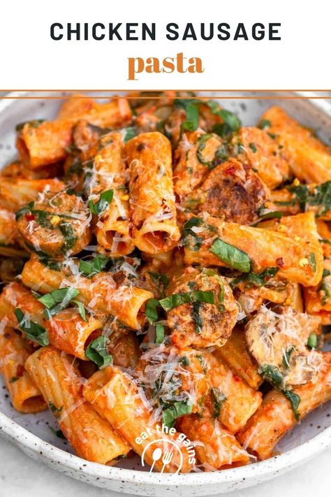 Chicken sausage pasta made with your favorite chicken sausage, pasta, spinach, mushrooms, sauce, and creamy goat cheese. Ready in 25 minutes for easy & healthy comfort food everyone will love! Chicken Sausage Pasta Recipes, Ground Chicken Sausage, Chicken Sausage Recipes Pasta, Chicken Sausage Recipes, Chicken Sausage Pasta, Sausage Dinner, Sausage Pasta Recipes, Italian Chicken Sausage, Roasted Chicken Breast