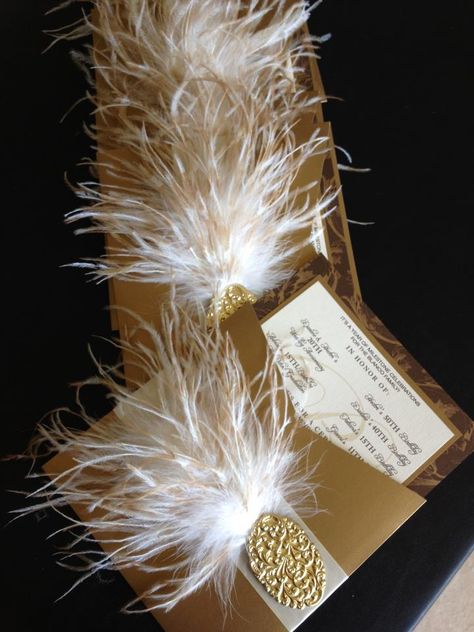 Beautiful! WE LOVE THIS Custom Made Invitation by Event Designer Ericka Lopez ; Embellished with a Limited Edition Vanilla/Honey Stenciled Ostrich Boa from The Feather Place, This Invitation is sure to Tickle Your Guest’s Fancy! Feather Invitation Design, Feather Invitation, Bridal Decor, Vanilla Honey, Gatsby Wedding Theme, Bridal Hair Down, Great Gatsby Theme, Gatsby Theme, Tree Centerpieces