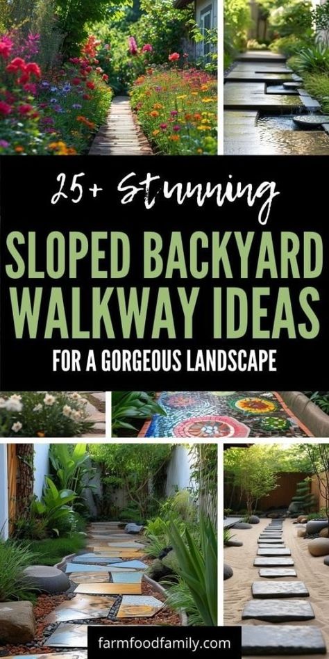 25+ Inspiring Sloped Backyard Walkway Ideas to Maximize Your Space 54 Steep Pathway Ideas, Walkways On Slopes, Sloped Walkway, Fix Sloped Backyard, Landscape Stairs Sloped Yard, Path On Steep Slope, How To Fix A Sloped Backyard, Leveling Yard Sloped Backyard, Uneven Backyard Ideas Sloped Yard