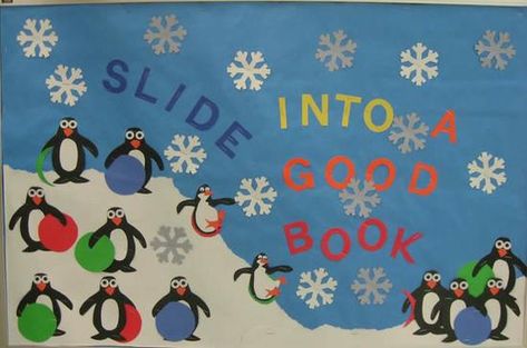 Penguin themed reading bulletin board idea for winter! http://www.mpmschoolsupplies.com/ideas/1055/slide-into-a-good-book/ Winter Boards, Holiday Classroom Decorations, Book Bulletin Board, December Bulletin Boards, Literacy Week, Library Decorations, Christmas Bulletin Boards, January Bulletin Boards, Cute Bulletin Boards