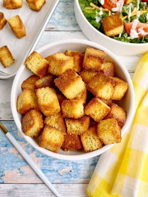 Today, we’re making Cornbread Croutons! This recipe started as a Tiktok that helped me use up some leftovers. But it was such a hit, I just had to make it blog official! First Course Recipes, Honey Butter Cornbread, How To Make Croutons, Cornbread Croutons, Salad Topping, How To Make Cornbread, Cooking Island, Oatmeal Breakfast Cookies, Breakfast Cookie Recipe