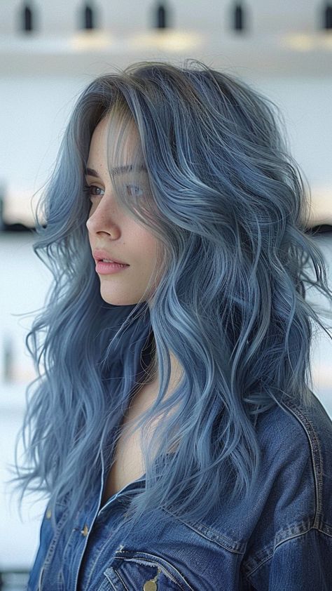 Blue Mercury Hair Color, Silver Blue Hair Color, Hair Color Ideas 2024, Denim Hair Color, Powder Blue Hair, Light Blue Hair Color, Grey Blue Hair, Blue And Silver Hair, Smokey Blue Hair