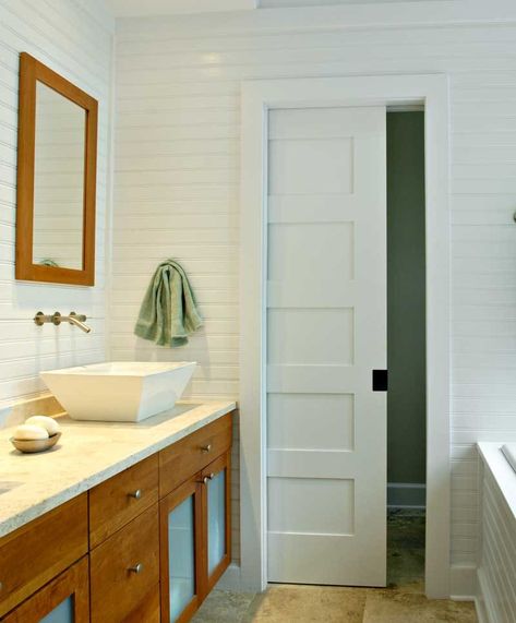 Sliding Pocket Doors - Design for the Arts & Crafts House | Arts & Crafts Homes Online Pocket Door Bathroom, Modern Pocket Doors, Pocket Doors Bathroom, Sliding Bathroom Doors, Door For Bathroom, Bathroom Closet Organization, Elegant Doors, Sliding Pocket Doors, Door Bathroom