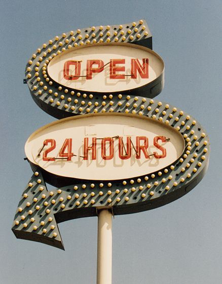 Open sign for Johnie's Broiler which was located in Downey, CA. Photo by Dave Bravenec Retro Open Sign, Vintage Open Sign, Open Sign Aesthetic, Open Sign Vintage, Chainstitch Lettering, Album Typography, Neon Wonderland, Vintage Road Trip, Old Neon Signs