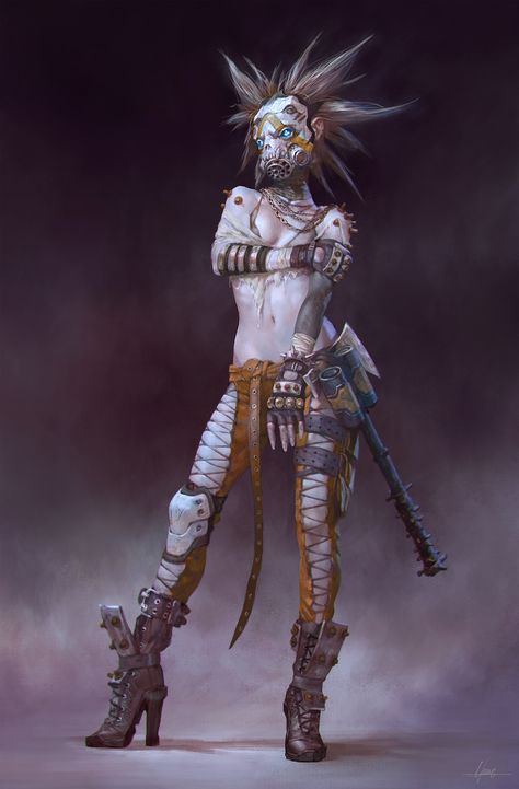 ArtStation - Psycho, Christophe Young Post Apocalyptic Punk Fashion, Borderlands Tattoo, Apocalypse Character, Borderlands Art, Art Cyberpunk, Apocalypse World, Post Apocalyptic Art, Apocalypse Art, Cyberpunk Girl