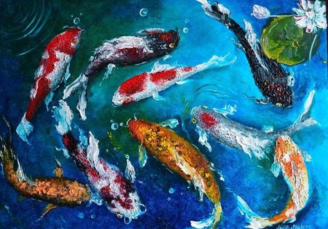 Paintings For Room, Fish Oil Painting, Koi Fish Colors, Feng Shui Wall Art, Koi Fish Painting, Sparrow Art, Koi Painting, Painting Fish, Swimsuit Inspo