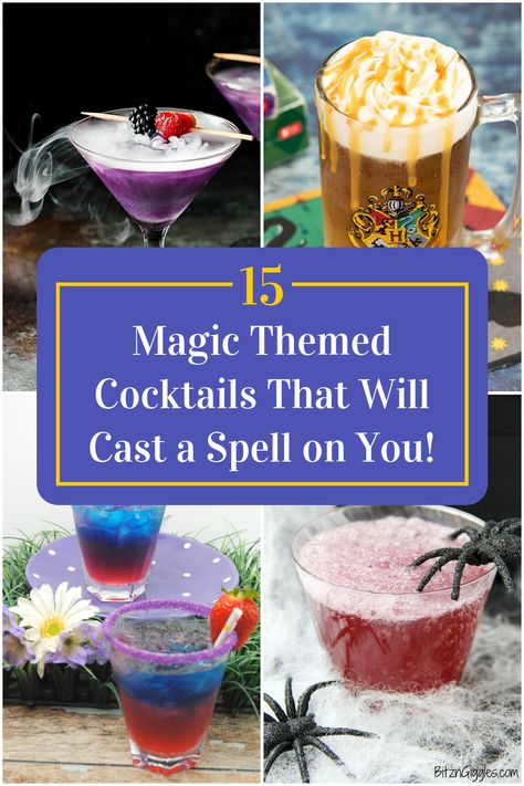 Collage of 4 magic themed cocktails. Potion Themed Drinks, Health Potion Cocktail, Fantasy Themed Cocktails, Poly Juice Potion Recipe, Dnd Cocktails, Magic Cocktails, Potion Cocktails, Harry Potter Christmas Party, Magic Decorations