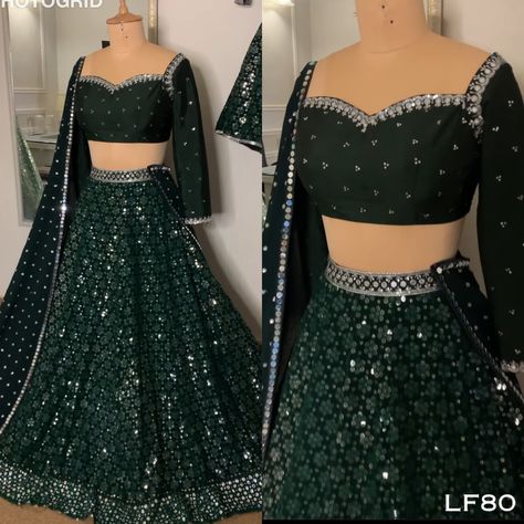 Lehenga Sangeet, Shimmer Lehenga, Dark Green Lehenga, Lehenga Traditional, Top With Dupatta, Party Wear Outfits, Sangeet Lehenga, Baju Kahwin, Indian Wedding Dresses