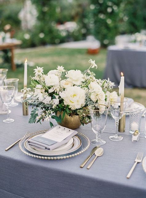 Sophisticated Gray and Gold Tablescapes - Dining / Hosting - Wedding Decor - Flowers - Lighting Grey And Gold Wedding, Color Inspiration Boards, Wedding Color Trends, Blue Wedding Flowers, Wedding Color Inspiration, Gray Weddings, Wedding Tablescapes, Wedding Flower Arrangements, Art Deco Wedding