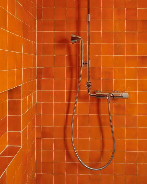 Gallery with Zellige decors and projects | Mosaic Factory Orange Tile Kitchen, Orange Tile Bathroom, Bold Bathroom, Shower Area, Zellige Tiles, Orange Tiles, Orange Bathrooms, Interior Tiles, Tile Showroom