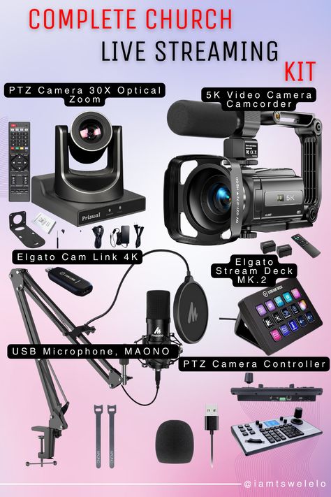 Church live streaming kit including a PTZ camera with 30X optical zoom, HDMI, 3G-SDI, USB, and IP streaming capabilities, a professional USB microphone, joystick controller, video capture card, tripod, and lighting kit. Yg Building Interior, Good Cameras For Youtube, Best Cameras For Youtube, Live Streaming Setup, Recording Setup Youtube, Camera Setup For Youtube, Affordable Cameras For Youtube, Comunity Manager, Best Vlogging Camera