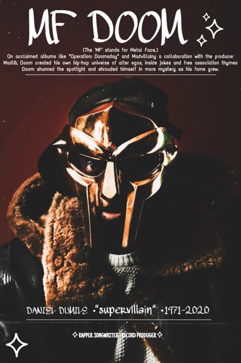 Mf Doom Magazine Cover, Mf Doom Poster Vintage, Mf Doom Prints, Mf Doom Poster, Doom Poster, Rap Posters, Music Poster Design, Mf Doom, Dorm Posters