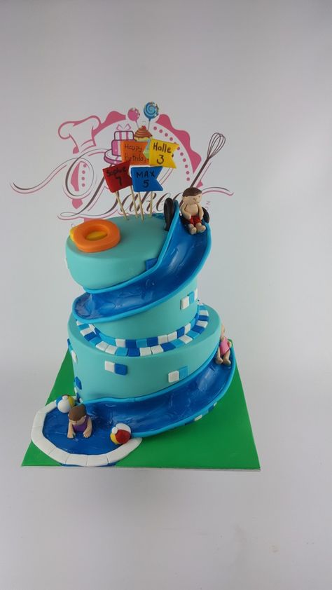 Waterslide Cake Ideas, Waterpark Birthday Cake, Water Slide Cake, Waterslide Cake, Roller Coaster Cake, Pool Birthday Cakes, Swimming Pool Cake, Water Cake, Swimming Cake