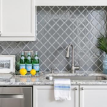 Gray Moroccan Trellis Tiles - Transitional - Bathroom Black Granite Kitchen Countertops, Kitchen Moroccan, White Kitchen Farmhouse Sink, Light Granite Countertops, Gray Kitchen Backsplash, Grey Kitchen Tiles, White Kitchen Paint, Grey Kitchen Walls, Granite Countertops Colors