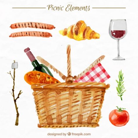 Watercolor Picnic, Picnic Date Food, Table Cloth Decorations, Picnic Quilt, Cottagecore Art, Food Wall Art, Picnic Inspiration, Food Clipart, Picnic Date