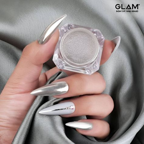 30 Chic Silver Nail Ideas To Vamp Up Your Feminity Power - 210 Chrome Nail Art Coffin, Silver And Chrome Nails, Mirror Glaze Nails, Silver Chrome And Glitter Nails, Mirror Chrome Nails Silver, Nail Designs With Chrome Powder, Mirror Nails Chrome, Silver Mirror Nails, White Silver Chrome Nails