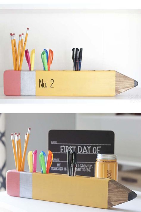 Pencil Desk Organizer, Back To School Diy Ideas, Diy Wood Pencil Holder, Diy Teacher Desk, Pencil Box Ideas, Pencil Holder Diy, Diy Kids Desk, Teacher Organizer, Diy Desk Organizer