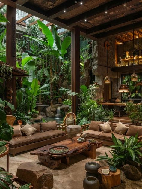 Stunning Home Decor Rainforest House Interior, Tropical Balinese House, Tropical Forest House, Jungle House Aesthetic Exterior, Crazy Decor, Bali Jungle House, Exotic Homes, Modern Tropical House, Caribbean Homes