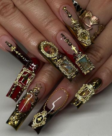 Mexican Acrylic Nails Design, Baroque Nails, Moms Nails, Nail Design Glitter, Nails Sets, Junk Nails, Hippie Nails, Classy Acrylic Nails, Long Acrylic