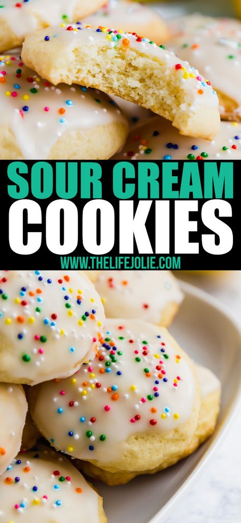 Sour Cream Cookies Easy, Baked Goods With Sour Cream, Italian Sour Cream Cookies, Sour Cream Baked Goods, Recipes With Sour Cream Dessert, Cookies With Sour Cream In Them, Dessert Recipes With Sour Cream, Sour Cream Baking Recipes, Sour Cream Desserts Easy