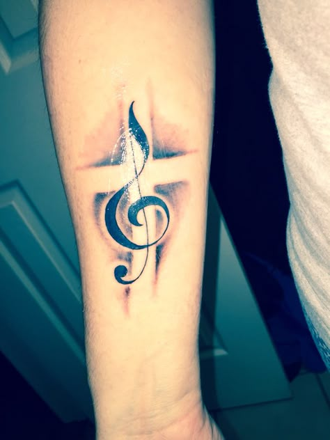 I want to share my new tattoo because it was so hard for me to find a cross/treble clef combo I really loved on the web. The artist did an awesome job bringing my vision to life! Clef Tattoo, Notes Tattoo, Treble Clef Tattoo, Music Notes Tattoo, Tattoo Music, Tattoo Shading, Cross Tattoos For Women, Music Note Tattoo, Music Tattoo Designs