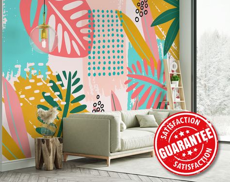 This Tropical / Big plant mural is the perfect addition to your interior. Cover an empty wall in your home with our Tropical / Big plant removable peel-and-stick vinyl wallpaper. It works just like a sticker - peel off the back of the mural and apply it to the wall. All our murals are made from a fully opaque, vinyl, peel, and stick material. We print all our designs using ECO-solvent inks, which allows for every one of our murals to have bright, vivid colors. If you are after a custom-size or c Plant Wall Mural, Tropical Mural, Wallpaper Large, Large Wall Murals, Big Plants, Empty Wall, Mural Wall Art, Small Wall, Vinyl Wallpaper