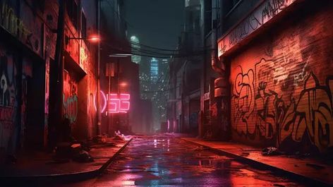 City At Night Background, Dark Cyberpunk City, Dark Alley Background, Alley Way Background, Background City Street, Dark City Background, Cyberpunk Alley, Cyberpunk Graffiti, City Streets At Night