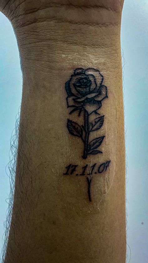 Rose With Date Tattoo, Date Tattoo, Black Men Tattoos, Black And Grey Tattoo, Date Tattoos, Birthday Dates, Hand Tattoos For Guys, Music Tattoos, Grey Tattoo