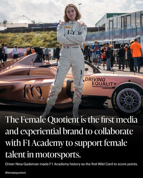 At the Dutch Grand Prix in Zandvoort, The Female Quotient took the fast track to drive equality forward—literally. The FQ’s rose gold car was a powerful symbol of our commitment with @f1academy to accelerate change in motorsports and inspire the next generation of women to see themselves behind the wheel. If you aren’t familiar, #F1Academy was founded by #Formula1 to propel female drivers in their motorsport careers. And it’s a savvy business move: 40% of #F1 fans are women, contributing to ... Female Race Car Driver Aesthetic, Women In Motorsport, Female F1 Drivers, Female Race Car Driver, Rose Gold Car, Women Drivers, F1 Fans, Gold Car, Car Racer