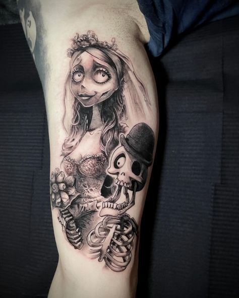 Corpse bride for this Tim Burton themed full sleeve. Work in progress but looking good so far. Done at @face2facetattoo #corpsebridetattoo #timburtontattoo #timburton #blackandgrey #blackandgreytattoo #corpsebride #emily #tattoo #scarytattoo #realismtattoo @bnginksociety @versuscartridge @tattooart_spain1 Emily Tattoo, Emily Corpse Bride Tattoo, Tim Burton Tattoo Ideas, Corpse Bride Tattoo, Tim Burton Tattoo, Emily Corpse Bride, Scene Tattoo, Feminine Tattoo Sleeves, Brides With Tattoos