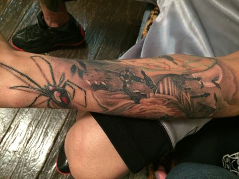 Halloween theme tattoo #spider #creepy #tattoo #detail #shading #sleeve #halfsleeve Spider Forearm Tattoo, Spider Sleeve Tattoo, Halloween Theme Tattoo, Spider Sleeve, Spider Tattoo Men, Spider Man Tattoo, Feather Tattoo For Men, Tattoo Spider, Tattoo Ideas Males