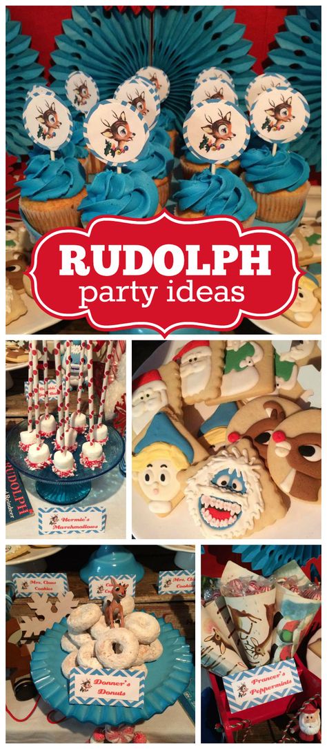 A vintage Rudolph party in turquoise, red and white with vintage paper cones and bunting! See more party planning ideas at CatchMyParty.com! Rudolph Party Food, Rudolph Party Ideas, Rudolph The Red Nosed Reindeer Party Ideas, Rudolph Birthday Party, Rudolph Themed Christmas Party, Rudolph Movie Night, Rudolph Party Decorations, Rudolph Themed Food, What Did Rudolph Eat Game