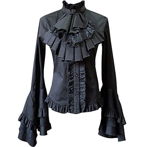 Women's Pirate Blouse - Black Cotton Pirate Princess Gothic Long Trumpet Sleeve Button Down Ruffle Blouse with Layered Jabot Neck Piece, Back Lacings, Fitted Trumpet Sleeves Trimmed with 3-Tier Lace & Ruffle Flounces by Partiss Pirate Blouse, Gothic Blouse, Vintage Blouses, Gothic Costume, Blouses Vintage, Gothic Lace, Trumpet Sleeves, Gothic Tops, Court Dresses