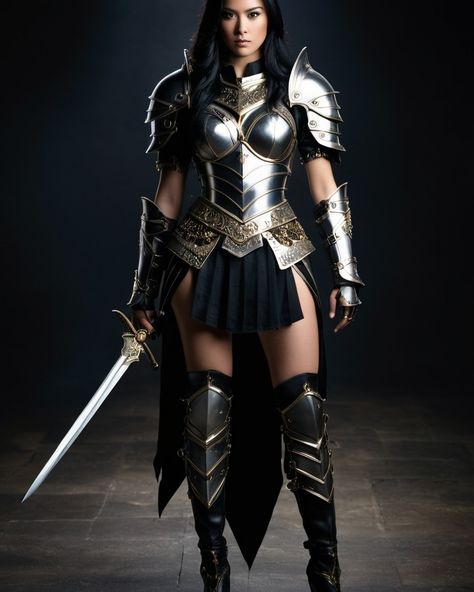 Create a photo of a fierce female warrior with long black hair, wearing an ornate, metallic armor. The armor includes a breastplate with intricate designs, shoulder guards, and gauntlets. The breastplate is decorated with a central emblem, possibly representing a mythical symbol, and has a sculpted, form-fitting design. She wears a belt with a large skull ornament at the center, and her armor extends into a partial skirt, revealing one leg. The overall look is both protective and stylish, wit... Feminine Armor, Warrior Outfits Female, Dark Gothic Aesthetic, Intense Expression, Warrior Outfit, Reference Pics, Fantasy Portraits, Warrior Queen, Gothic Aesthetic