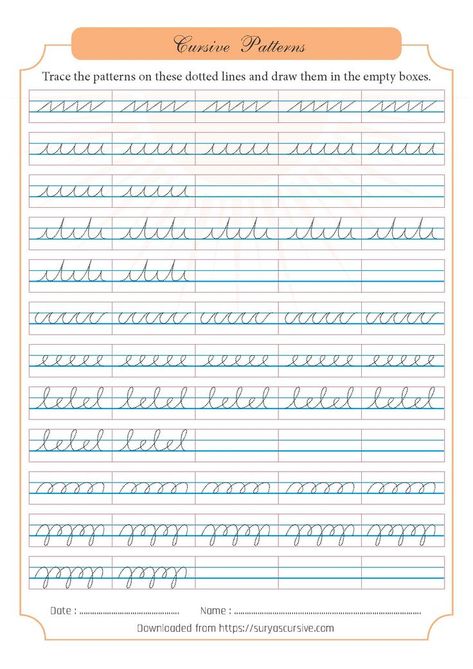 We have identified some crucial patterns that will be useful to you to train your fingers, wrist, and hand to easily twist and bend while writing. We have prepared a worksheet for you to practice these patterns. Click on the link below to download the worksheet. English Cursive Writing, Cursive Writing Book, Cursive Practice Sheets, Cursive Writing Practice, Learn Cursive, Cursive Letters Worksheet, Teaching Cursive Writing, Learn To Write Cursive, Cursive Writing Practice Sheets