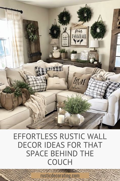 Looking for a way to add some farmhouse charm to that empty wall behind your couch? Whether you're into vintage signs, rustic shelves, or classic shiplap, these easy decor ideas will bring a cozy, lived-in feel to your living room. Perfect for adding that extra touch of warmth without a lot of fuss! Rustic Wall Decor For Living Room, Behind Couch Ideas, Farmhouse Wall Collage, Over Couch Wall Decor, Wall Decor Behind Couch, Decor Behind Couch, Wall Behind Couch, Farmhouse Wall Decor Living Room, Couch Wall Decor