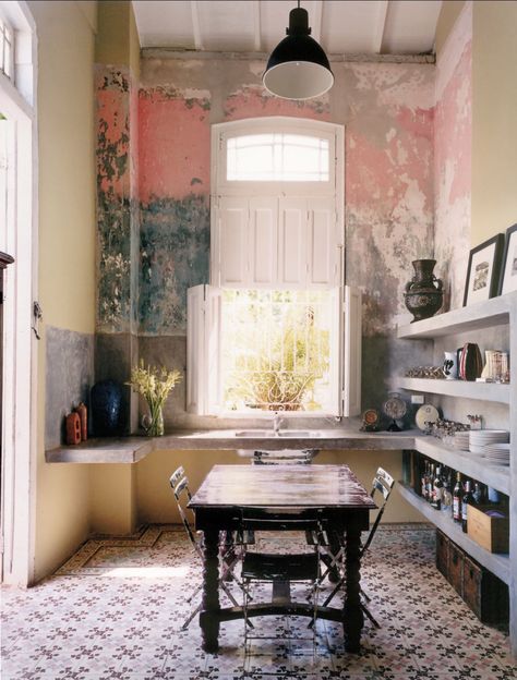 Cuban House, Apartment Melbourne, Narrow Apartment, Cuban Decor, Peeling Wall, Industrial Light, Peeling Paint, Wall Finishes, Design Del Prodotto