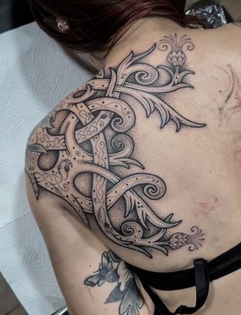 Viking Flower Tattoo, Norse Knotwork Tattoo, Viking Tattoos For Women, Nordic Tattoo Ideas, General Tattoo, Scottish Tattoo, Viking Knotwork, Pagan Tattoo, Behind Ear Tattoos