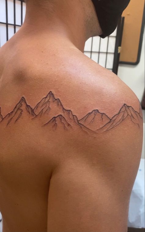 Mountain Range Band Tattoo, Wrap Around Landscape Tattoo, Mountains Shoulder Tattoo, Mountain Sky Tattoo, Sierra Mountains Tattoo, Mountain Range Spine Tattoo, Male Nature Tattoo, Wrap Around Mountain Tattoo, 5280 Tattoo Colorado