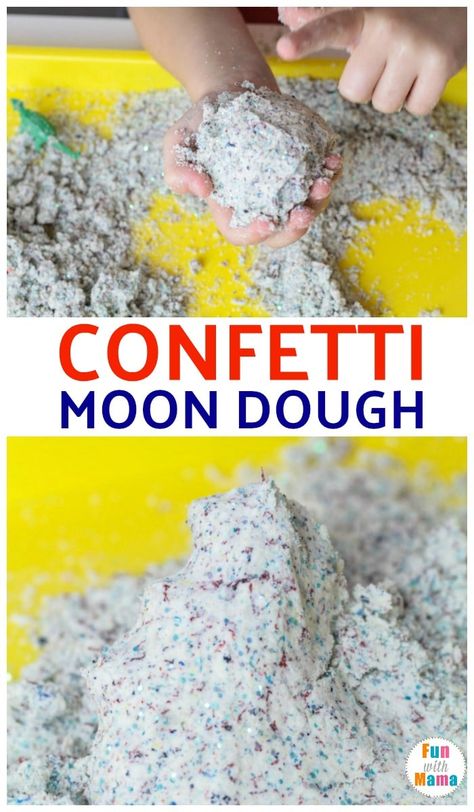 This confetti moon dough recipe is so simple and easy to make. It's great for sensory development and skills and is not too messy! #moondough #sensorydevelopment #finemotorskills #preschool #toddler Moon Dough Recipe, Sahm Activities, Sensorial Activities, Moon Dough, Cloud Dough Recipes, Crafts Classroom, Sensory Tables, Craft Recipes, Stem Ideas