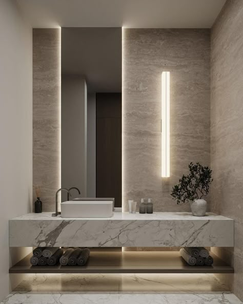 Lavish Bathroom Designs, Modern Villa Bathroom, Modern Contemporary Powder Room, Luxury Bathroom Master Baths Modern Interior Design, Powder Room Ideas Modern Luxury, Luxury Powder Room Ideas, Wc Interior Design, Luxurious Guest Bathroom, Luxury Wc