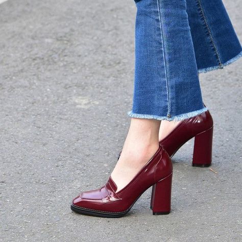 High Heel Loafers Outfit, Heel Loafers Outfit, Wine Red Heels, Wine Heels, High Heel Loafers, Loafer Heels, Shoes Heels Classy, Heels Classy, Fancy Shoes