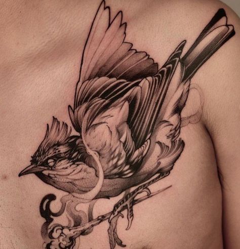 Greek Mythology Bird Tattoo, Bluebird Tattoo Men, Swallow Flying Photography, Falling Bird Tattoo, Mens Bird Tattoo, Cool Bird Tattoos, Bird Neck Tattoo, Bird Chest Tattoo, Nightingale Tattoo