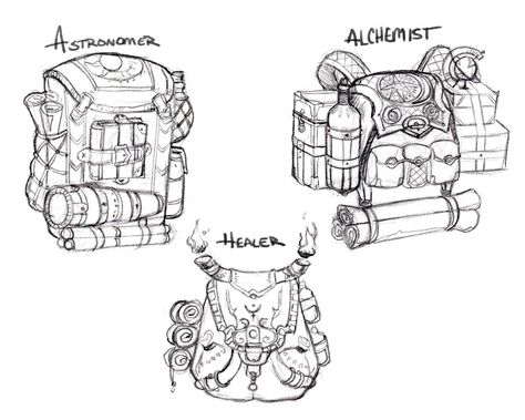 Dnd Bag Drawing, Fantasy Backpack Concept Art, Larp Backpack, Backpack Concept Art, Character Inventory, Healer Character, Backpack Drawing, Backpack Art, Props Concept