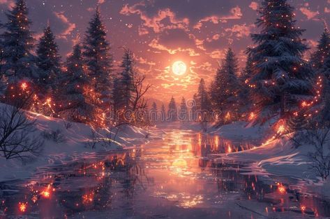 A scenic winter landscape with trees wrapped in festive Christmas lights, a frozen pond reflecting the bright glow, and royalty free stock photo Holiday Landscape, Christmas Aesthetic Landscape Format, Landscape Christmas Wallpaper, Landscape Christmas Background, Merry Christmas Background Landscape, Frozen Landscape Art, Frozen Pond, Pin Image, Landscape Trees