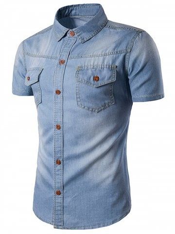 Turndown Collar Bleach Wash Pockets Casual Denim Shirt Kemeja Jeans, Short Sleeve Denim Shirt, Casual Denim Shirt, Mens Fashion Denim, Mens Shirts Online, Denim Shirt With Jeans, Western Denim Shirt, Cheap Mens Fashion, Denim Shirt Men